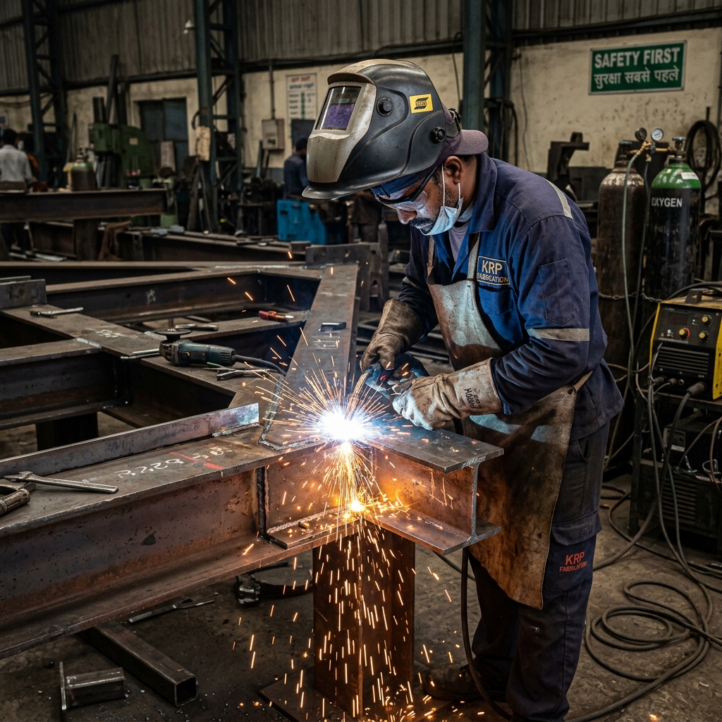 Skilled Indian welder and fabrication technician working on structural steel in Nagpur