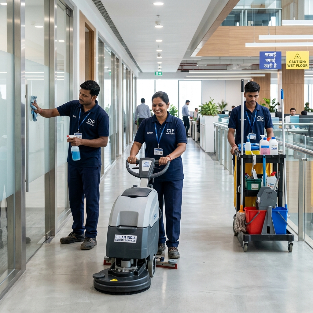 Professional Indian housekeeping staff maintaining industrial factory floor cleanliness