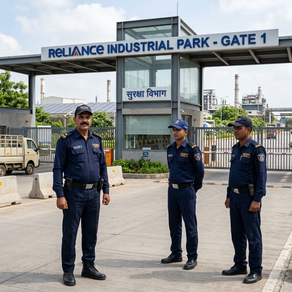 Trained Indian security guards in uniform at KORDE GROUP industrial plant gate in Nagpur